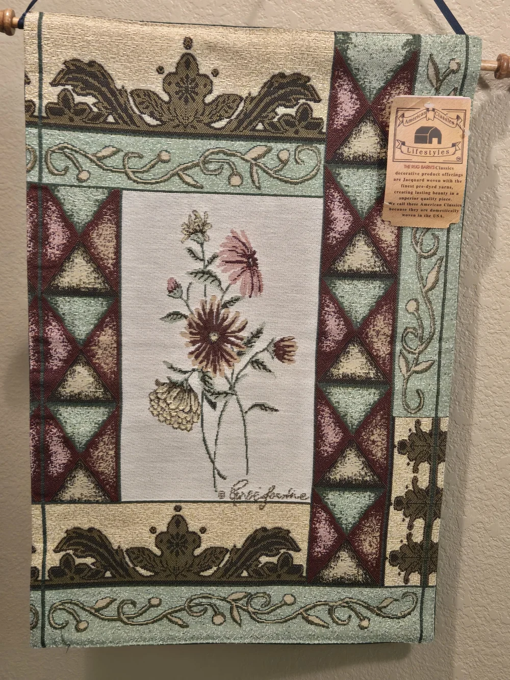 Vintage Floral Tapestry Wall Hanging in Teal & Burgundy -